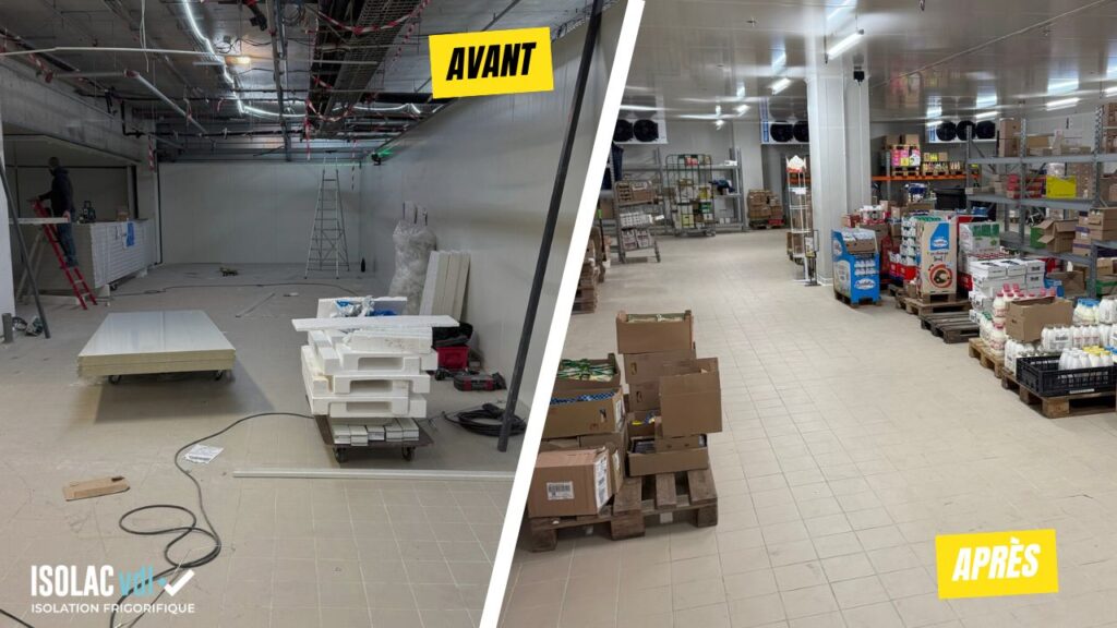 Avant / Apr&egrave;s l'isolation frigorifique du magasin Leclerc de Vannes (56) en site occup&eacute; dit Remodeling